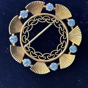 Vintage Rare Krementz 14k Gold Overlay Blue Rhinestones Floral Flower Brooch